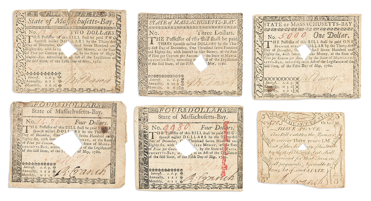 (AMERICAN REVOLUTION--CURRENCY.) Group of 15 pieces of canceled paper currency issued by Massachusetts during the war.